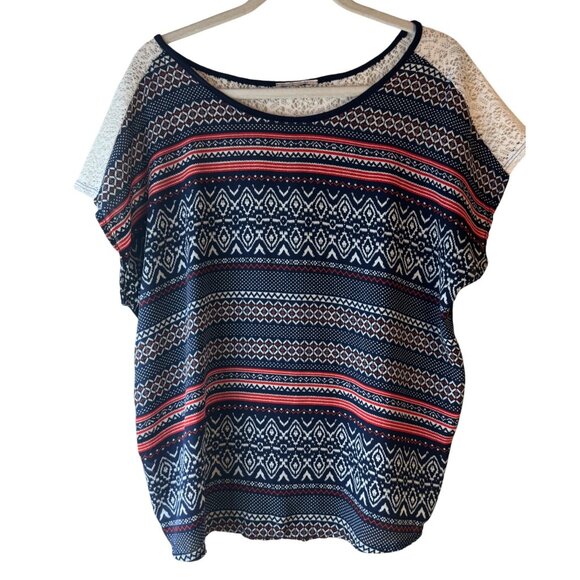 Womens Geometric Print Short Sleeve Top With Lace Shoulder Detail Large READ - Picture 1 of 8